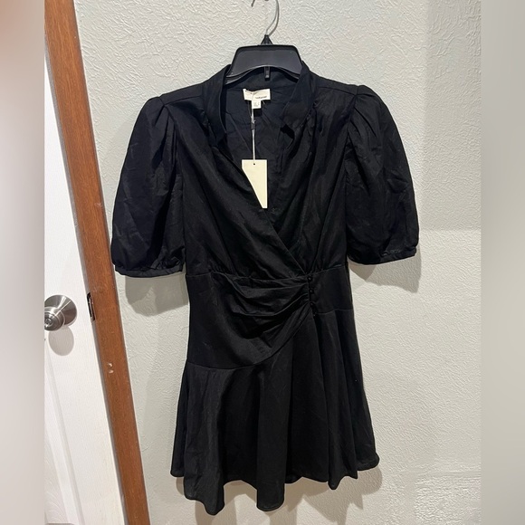 The Korner Dresses & Skirts - Women's Black Puff-Sleeve Mini Dress with Twist Front Cotton Blend NWT Wrap